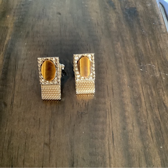 Vintage Cuff Links Genuine‎ Tiger's Eye Wraparound Mesh Chain Watchband - Picture 1 of 5